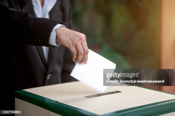 hand of a person casting a vote into the ballot box during elections - elezione foto e immagini stock
