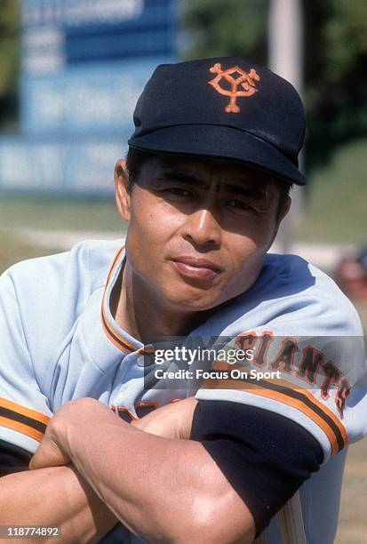 Sadaharu OH of the Yomiuri Giants looks on during batting practice before and exhibition game against the Los Angeles Dodgers circa 1970 at Dodger...