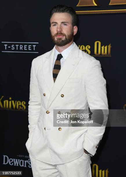 Chris Evans attends the premiere of Lionsgate's "Knives Out" at Regency Village Theatre on November 14, 2019 in Westwood, California.