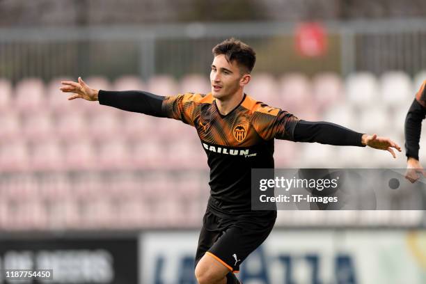 Jose Lechon of FC Valencia U19 celebrates after scoring his team's first goal during the UEFA Youth League match between Ajax Amsterdam U19 and FC...