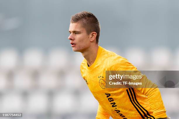 Goalkeeper Calvin Raatsie of Ajax Amsterdam U19 looks on during the UEFA Youth League match between Ajax Amsterdam U19 and FC Valencia U19 on...