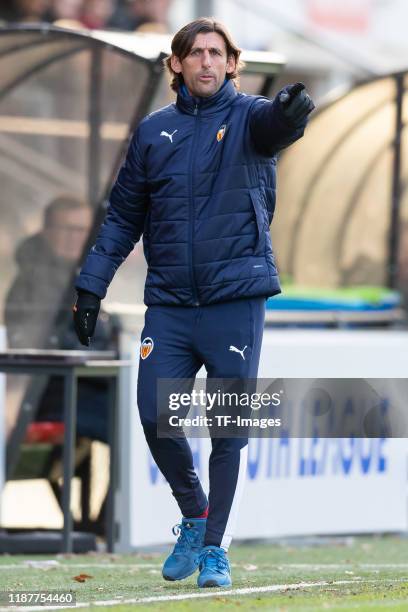 Head coach Miguel Angel Angulo of FC Valencia U19 gestures during the UEFA Youth League match between Ajax Amsterdam U19 and FC Valencia U19 on...