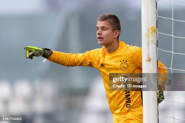 Goalkeeper Calvin Raatsie of Ajax Amsterdam U19 gestures during the UEFA Youth League match between Ajax Amsterdam U19 and FC Valencia U19 on...