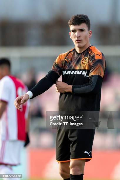 Ignacio Garre of FC Valencia U19 gestures during the UEFA Youth League match between Ajax Amsterdam U19 and FC Valencia U19 on December 10, 2019 in...