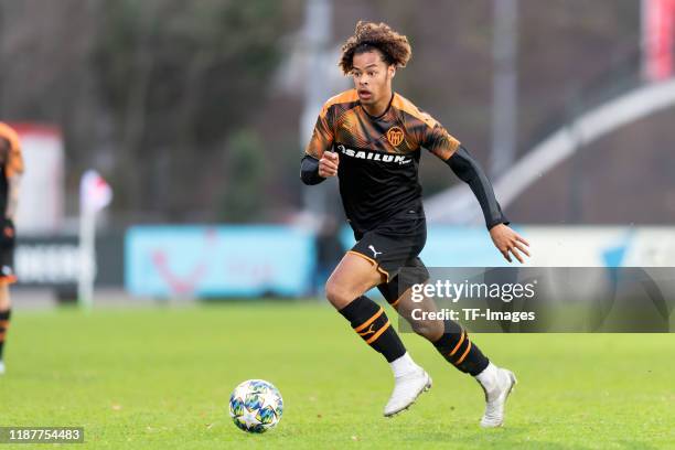 Koba Koindredi of FC Valencia U19 controls the ball during the UEFA Youth League match between Ajax Amsterdam U19 and FC Valencia U19 on December 10,...