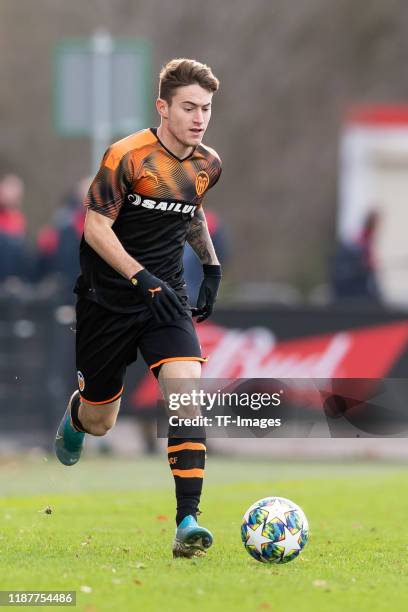 Xavi Estacio of FC Valencia U19 controls the ball during the UEFA Youth League match between Ajax Amsterdam U19 and FC Valencia U19 on December 10,...