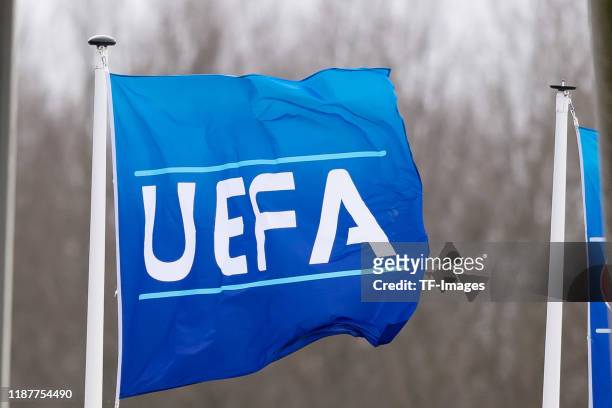 Flag is seen during the UEFA Youth League match between Ajax Amsterdam U19 and FC Valencia U19 on December 10, 2019 in Duivendrecht, Netherlands.