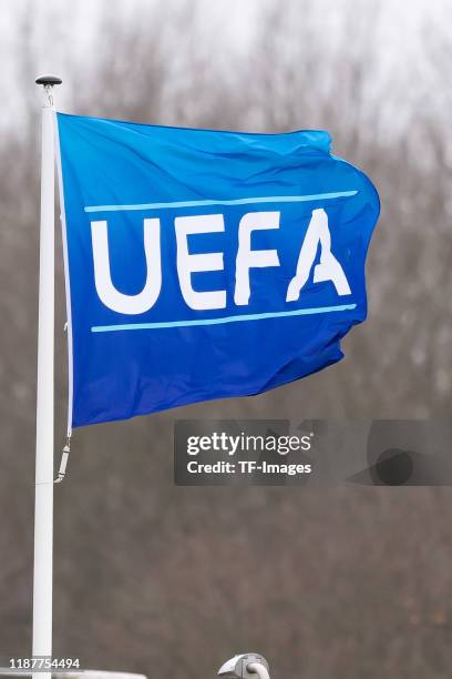 Flag is seen during the UEFA Youth League match between Ajax Amsterdam U19 and FC Valencia U19 on December 10, 2019 in Duivendrecht, Netherlands.