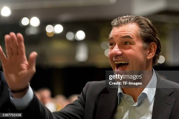 Sporting director Michael Zorc of Borussia Dortmund gestures during the shareholders' meeting of Borussia Dortmund at Westfalenhalle on November 25,...