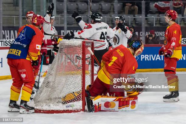 Joel Lundqvist of Frolunda HF celebrates his goal during the second quarter-finals game between EHC Biel-Bienne and Frolunda Indians at Tissot-Arena...