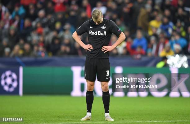 Salzburg's Norwegian forward Erling Braut Haland during the UEFA Champions League Group E football match between RB Salzburg and Liverpool FC on...