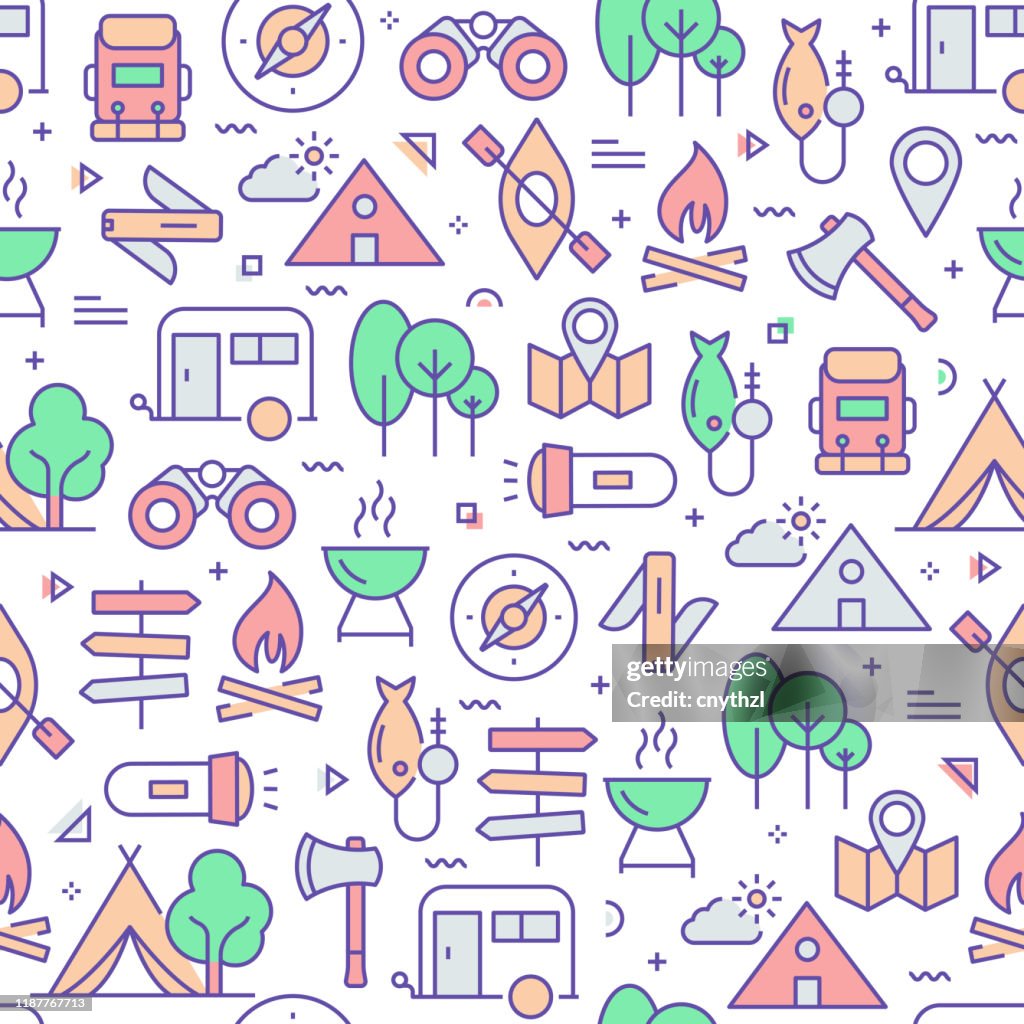 Vector set of design templates and elements for Camping in trendy linear style - Seamless patterns with linear icons related to Camping - Vector