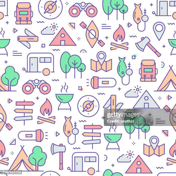 vector set of design templates and elements for camping in trendy linear style - seamless patterns with linear icons related to camping - vector - compass background stock illustrations