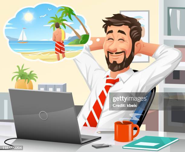 bussinesman in seinem büro träumen von urlaub - eskapismus stock-grafiken, -clipart, -cartoons und -symbole