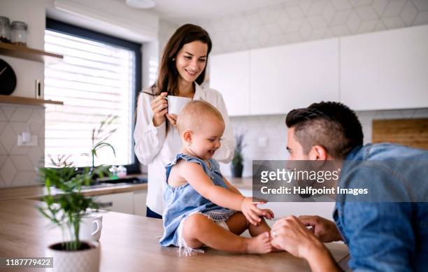 portrait of young couple with toddler girl standing indoors in kitchen at home. - young family foto e immagini stock