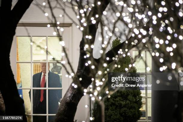 President Donald Trump exits the Oval Office and heads toward Marine One on the South Lawn of the White House on December 10, 2019 in Washington, DC....