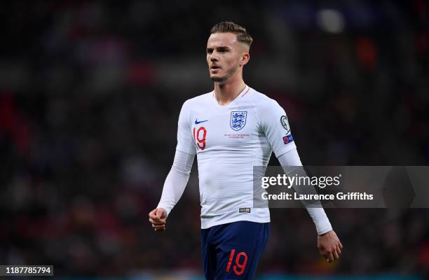 James Maddison of England looks on during the UEFA Euro 2020 qualifier between England and Montenegro at Wembley Stadium on November 14, 2019 in...