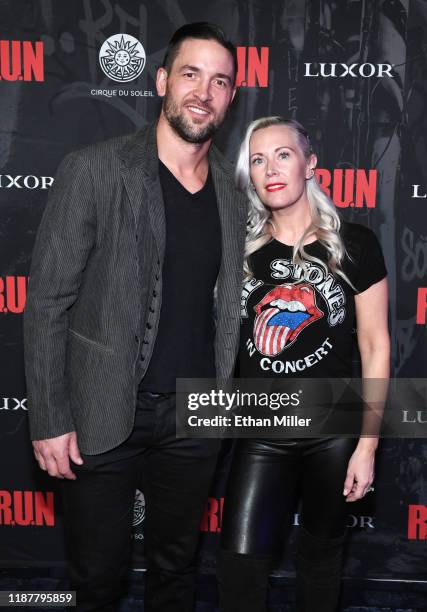 Deryk Engelland of the Vegas Golden Knights and his wife Melissa Engelland attend the grand opening night for "R.U.N - The First Live Action...