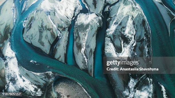 aerial view of bright and sunny glacial rivers in south iceland - myrdalsjokull glacier stock pictures, royalty-free photos & images