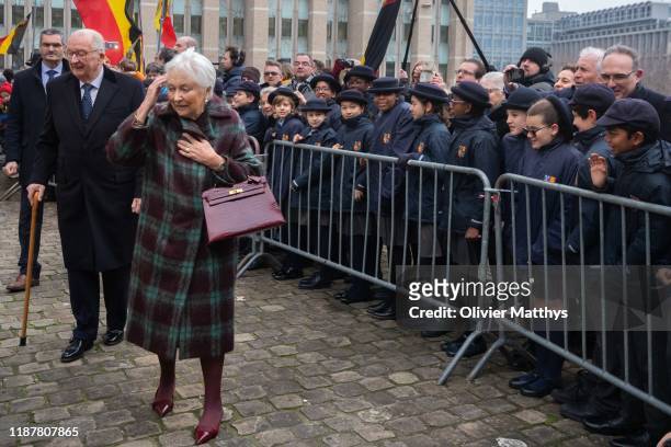 King Albert II of Belgium and Queen Paola greet the students of the Brussels International Catholic School BICS in front of the Cathedral of...