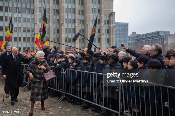 King Albert II of Belgium and Queen Paola greet the students of the Brussels International Catholic School BICS in front of the Cathedral of...