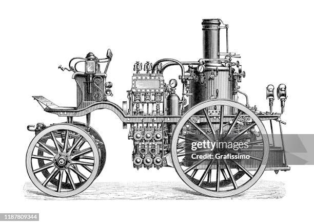 fire engine pump car illustration 1895 - fire engine stock illustrations