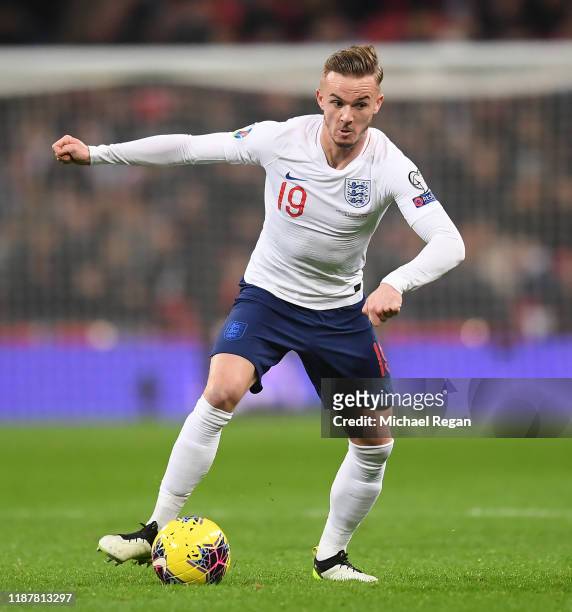 James Maddison of England in action during the UEFA Euro 2020 qualifier between England and Montenegro at Wembley Stadium on November 14, 2019 in...