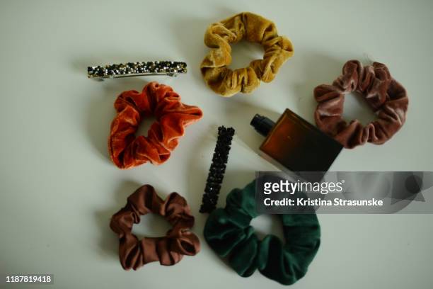 hair scrunchies and other accessories on a white background - hair bobble stock pictures, royalty-free photos & images