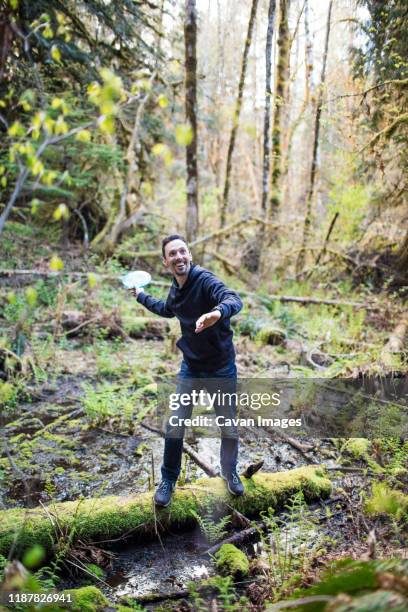 man throws frisbee in forest while balancing on fallen tree. - disc golf stock-fotos und bilder