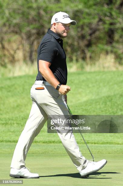 Zander Lombard of South Africa celebrates on the 15th green during the second round of the Nedbank Golf Challenge hosted by Gary Player at the Gary...