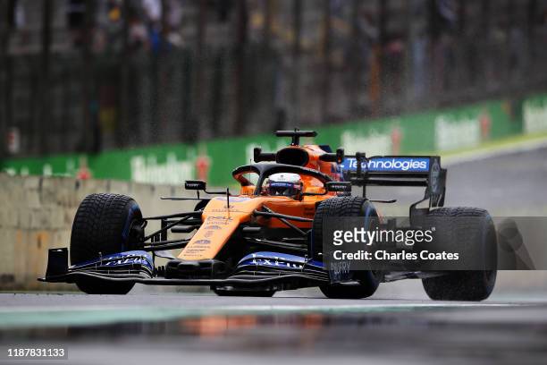 Carlos Sainz of Spain driving the McLaren F1 Team MCL34 Renault in the Pitlane during practice for the F1 Grand Prix of Brazil at Autodromo Jose...
