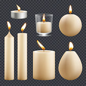 Candles collection. Decorative birthday celebration wax candles flame different types vector realistic pictures