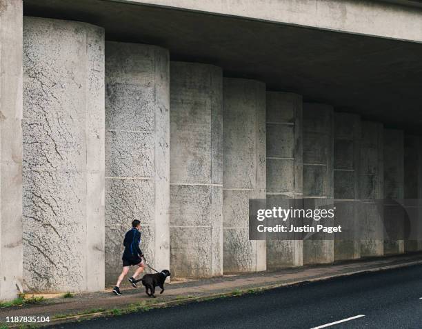 man running with pet dog - strassenunterführung stock-fotos und bilder