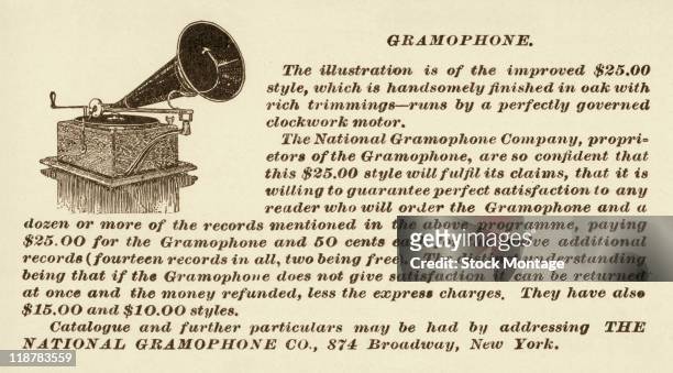 Gramophone phonograph is pictured in a magazine advertisement from 1897. In the ad, the National Gramophone Company said it would "guarantee perfect...