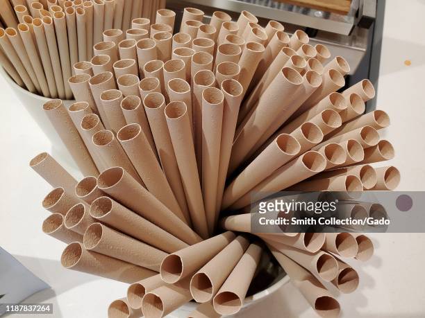 Close-up of container of compostable bamboo fiber boba tea straws at Boba Guys cafe in San Ramon, California, November 12, 2019. Following plastic...