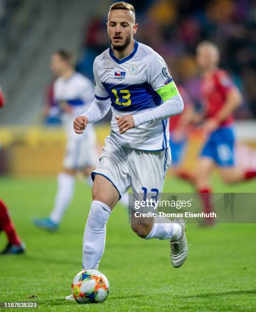 Amir Rrahmani of the Kosovo in action during the UEFA Euro 2020 Qualifier between Czech Republic and Kosovo on November 14, 2019 at Doosan Arena in...