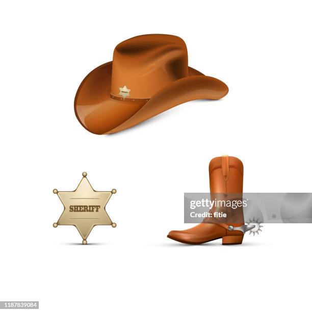 stockillustraties, clipart, cartoons en iconen met cowboy lederen hoed en laarzen met sporen, sheriff's metallic badge - sherriff