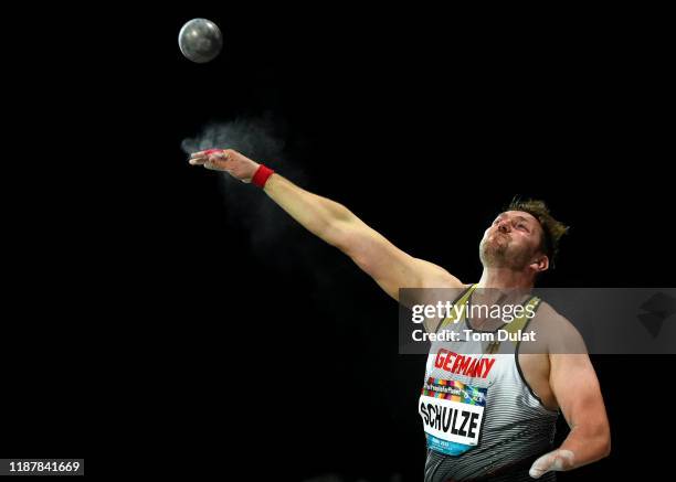 Mathias Uwe Schulze of Germany competes during the Men's Shot Put F46 final on Day Nine of the IPC World Para Athletics Championships 2019 Dubai on...