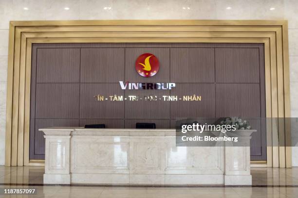 Signage for Vingroup JSC is seen at a reception area inside the company's headquarters in Hanoi, Vietnam, on Thursday, Dec. 5, 2019. Vingroup JSC...