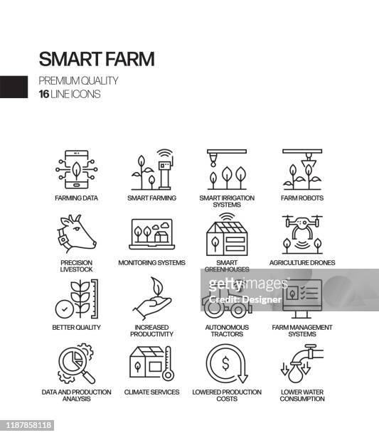 illustrazioni stock, clip art, cartoni animati e icone di tendenza di set semplice di icone di linee vettoriali correlate alla smart farm. insieme outline symbol. - internet delle cose