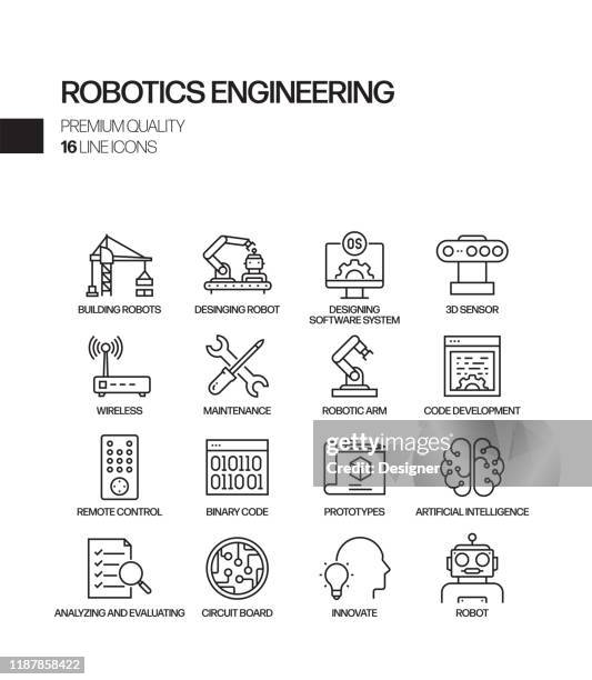 simple set of robotics engineering related vector line icons. outline symbol collection. - get set go stock illustrations