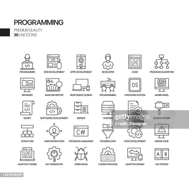 stockillustraties, clipart, cartoons en iconen met eenvoudige set van programmeer gerelateerde vector lijn iconen. overzichts symbool verzameling. - webdesigner