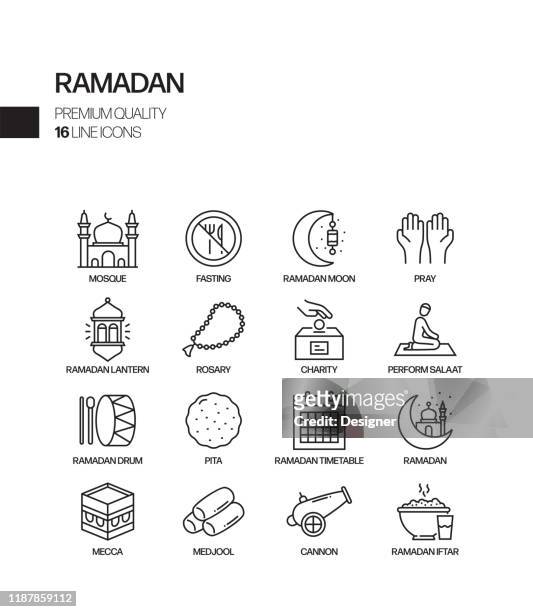 ilustraciones, imágenes clip art, dibujos animados e iconos de stock de conjunto simple de iconos de línea vectorial relacionados con ramadán kareem. colección de símbolos de esquema. - fasting activity