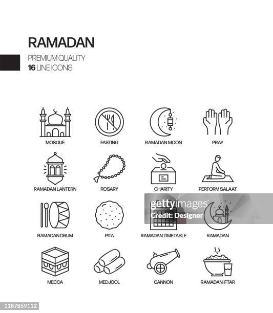 bildbanksillustrationer, clip art samt tecknat material och ikoner med enkel uppsättning ramadan kareem relaterade vektor linje ikoner. samling med dispositionssymboler. - islam