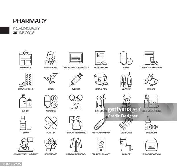 stockillustraties, clipart, cartoons en iconen met eenvoudige set van apotheek gerelateerde vector lijn iconen. overzichts symbool verzameling. - vitamin