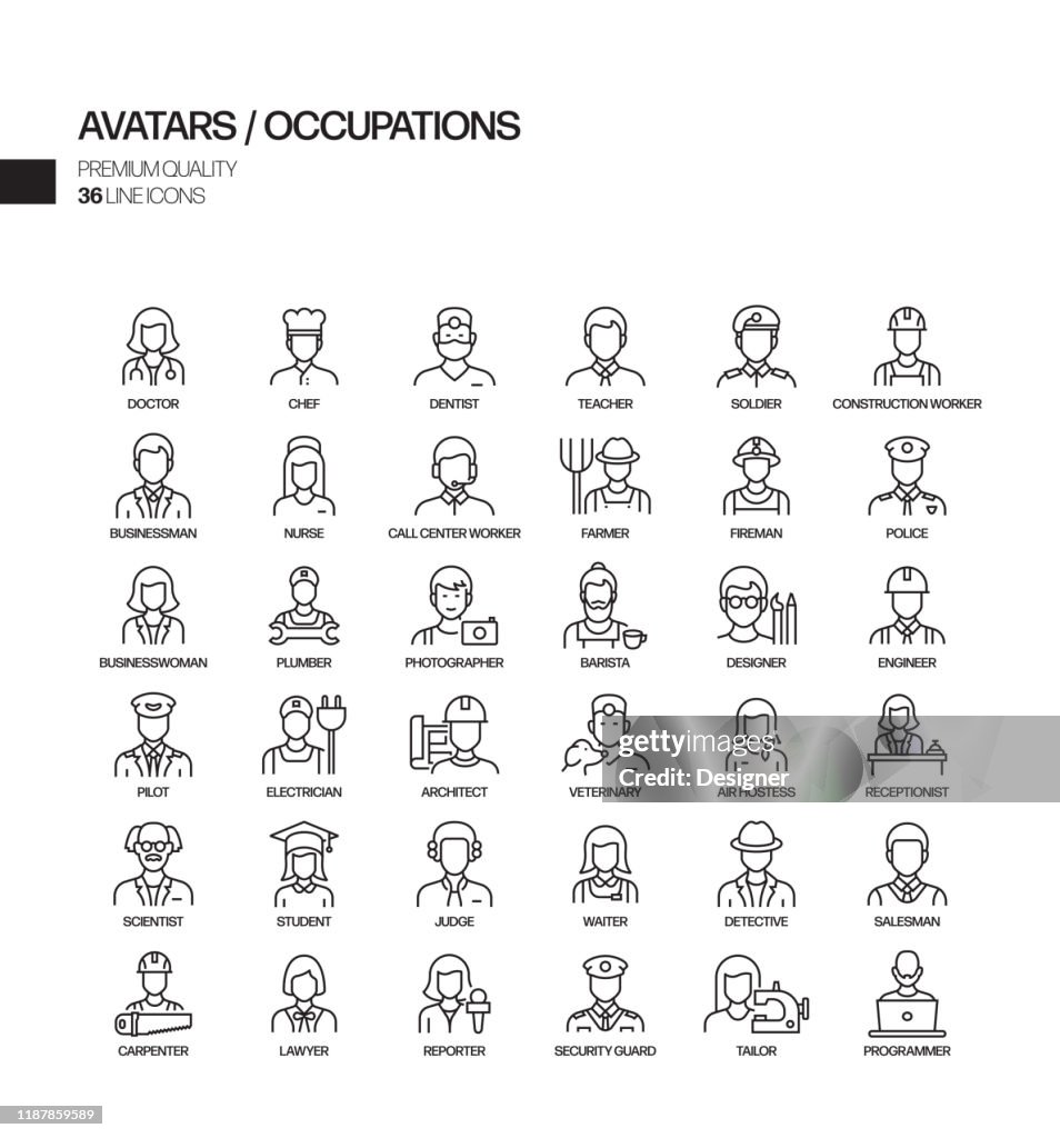 Conjunto simple de ocupaciones e iconos de línea vectorial relacionados con avatares. Colección de símbolos de esquema.