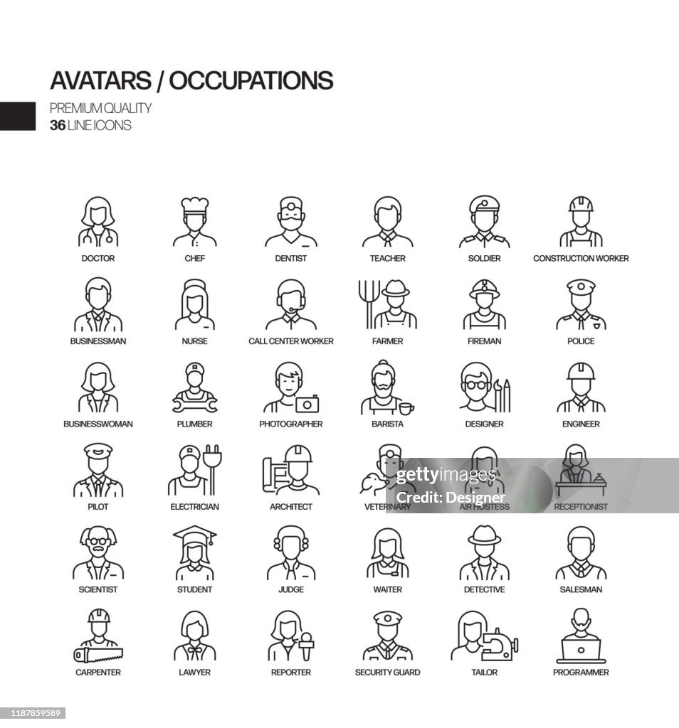 Simple ensemble d'occupations et avatars icônes de ligne vectorielle connexes. Collection de symboles de contour.