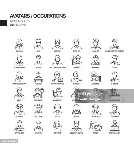 illustrations, cliparts, dessins animés et icônes de simple ensemble d'occupations et avatars icônes de ligne vectorielle connexes. collection de symboles de contour. - femme pompier