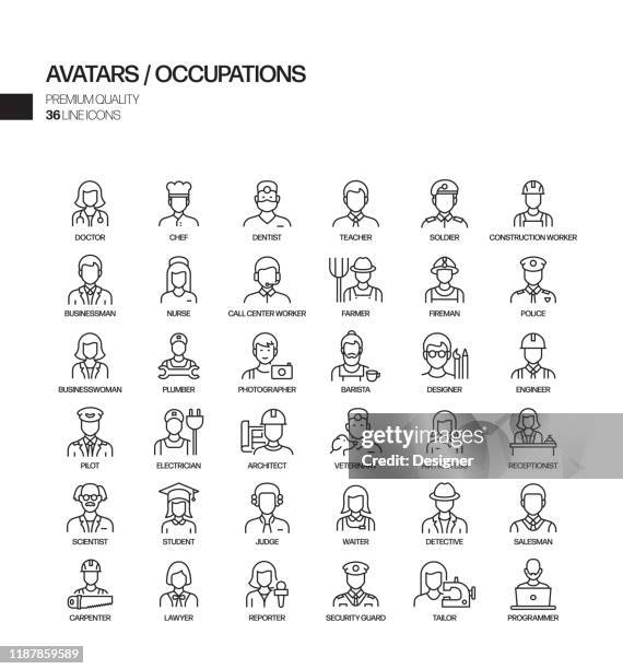 ilustrações de stock, clip art, desenhos animados e ícones de simple set of occupations and avatars related vector line icons. outline symbol collection. - character vector