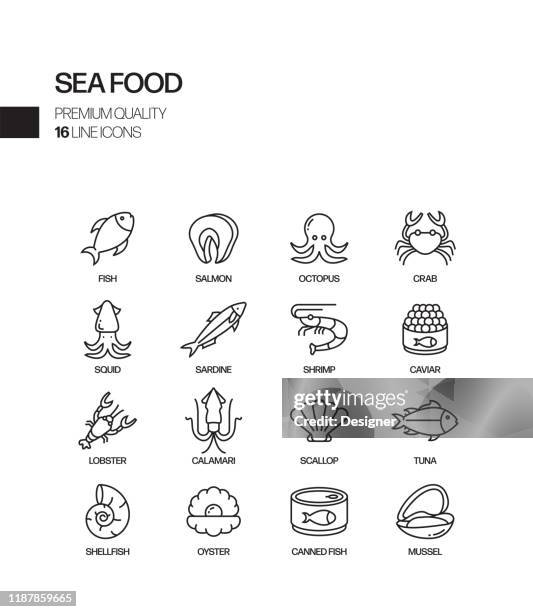 ilustrações, clipart, desenhos animados e ícones de jogo simples de ícones relacionados da linha do vetor do alimento do mar. coleção de símbolos de esboço. - atum animal